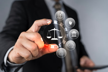 Legal Professional with Justice Icons. A suited legal professional touches virtual icons symbolizing...