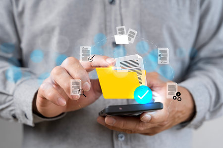 Document management system concept, software system for managing documents, information, organization. stores, searches, shares, controls data access, boosting efficiency and reducing data loss risks.の写真素材