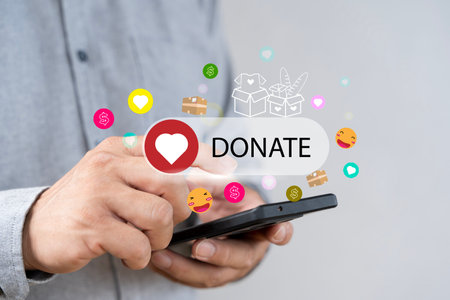 Online donation, Volunteer and Charity Concept. man touching the virtual screen with slide to Making...