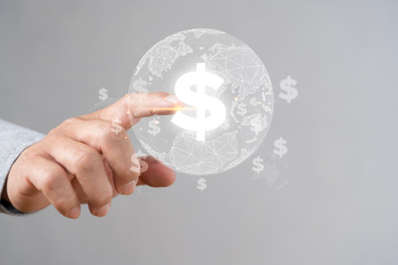Successful international financial investment concept with business person showing growth, charts and dollar sign, digital technologyの写真素材