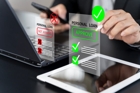 Loan approval from a bank or company that allows individuals or organizations to borrow money for business or personal expenses. Finance and investment. Businessman approved personal loan.の写真素材