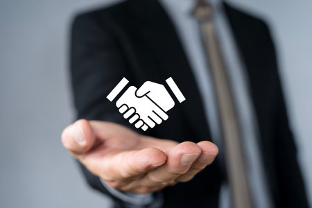 Sponsorship concept. Business between fund sponsors Resources or services. Businessman showing sponsor icon on virtual screen.の写真素材