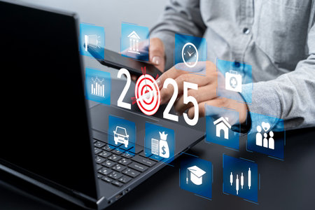 2025 planning business growth new year concept, Businessman use technology to manage business to...
