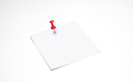 Piece of note paper isolated. White note paper office business. Blank note, red pinの写真素材