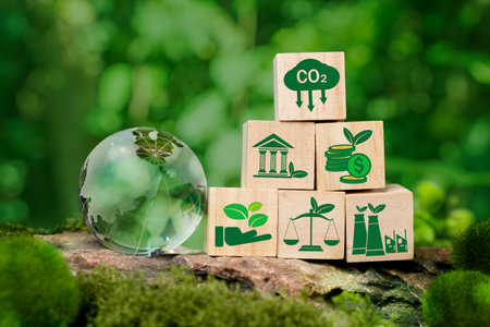 Wooden block with environmental law icons. Concept of international law environmental protection, environmental impact assessment, Eco friendly law, eco balance, business corporate and industry.の写真素材