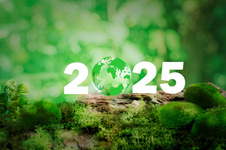 2025 sign with green globe symbol for celebrating environment friendly new year. Concept of earth protection day or environmental protection hands to protect the growing forest. Green Worldの写真素材