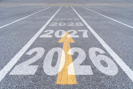 New year 2025 or straight forward concept. Text 2026, 2027, 2028, 2029 written on the road in the...