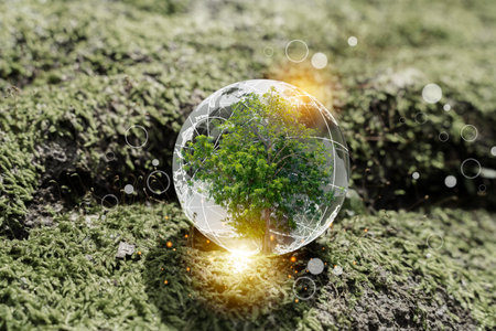 A green tree enclosed within a transparent globe on mossy ground, symbolizing environmental protection, ecological balance, carbon capture, sustainability, reforestation, and green future on Earth.の写真素材
