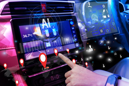 Futuristic car dashboard with AI-powered interface, GPS map pins, smart control panel, and digital...