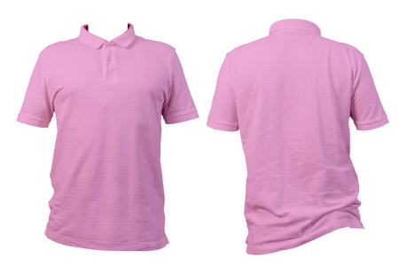 Pink polo shirt short sleeve front and back view on white background. Ideal for clothing mockup, fashion design, template, online store, or apparel catalog presentation and e-commerce. Clipping path.の写真素材