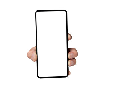 Close-up of human hand holding modern smartphone with blank screen on white background. Perfect for mobile app mockup, user interface design, display template or digital product. Clipping path.の写真素材