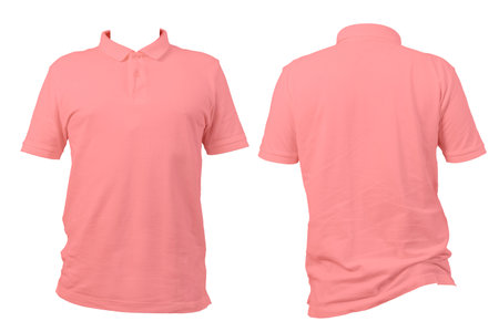 Plain pink polo shirt showing front and back views on white background. Ideal for clothing mockup, fashion design template, garment catalog, uniform branding, and online product. Clipping path.の写真素材