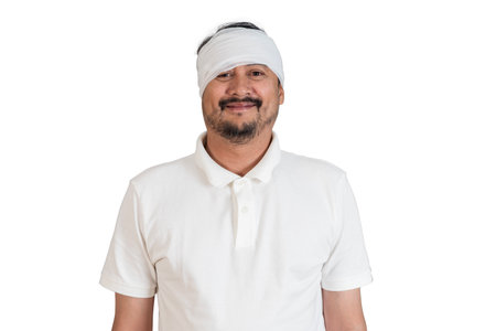 A cheerful man with a head injury wears a medical bandage and smiles at the camera, portraying a positive attitude during recovery and resilience after accident or health emergency treatmentの写真素材