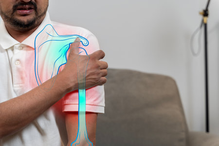 Asian man touching painful shoulder with visible anatomical bone structure graphic overlay. Concept of shoulder injury, joint pain, inflammation, musculoskeletal problem, or orthopedic condition.の写真素材