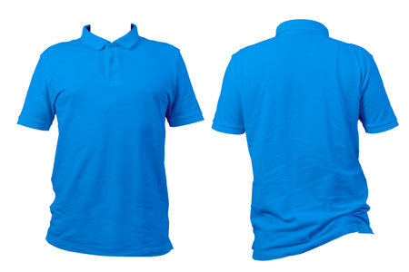 Plain blue polo shirt displayed from front and back on white background. Short sleeve design with collar and buttons. Ideal for apparel mockup, clothing template, or fashion product. Clipping path.の写真素材