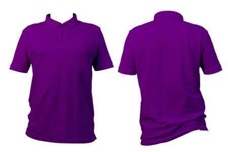 High-quality front and back view of a plain purple polo shirt on white background. Perfect for apparel mockups, fashion design, online store, branding, promotional clothing presentation. Clipping pathの写真素材