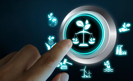 Human finger touching digital icon with scale and leaf symbol. Concept of environmental justice, green policy, sustainable law, ecological responsibility, and industrial environmental compliance.の写真素材