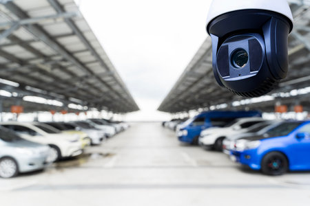 Security camera monitoring a modern outdoor car parking lot. Cars parked in rows under a solar panel roof structure. Concept of surveillance, safety, and smart parking technology.の写真素材