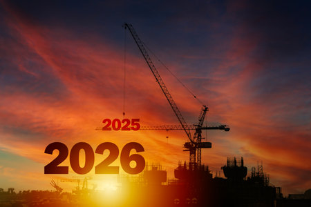 Silhouette construction site with crane lifting number 2025, standing next to 2026 during sunset. Concept of transition, growth, building the future, planning, development, and new year goals.の写真素材