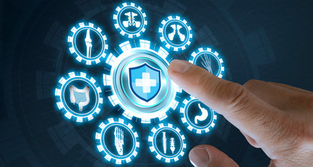 Human finger selecting a medical icon on a digital interface surrounded by glowing health-related icons. Concept of smart healthcare system, innovation, telemedicine, and future medical technology.の写真素材