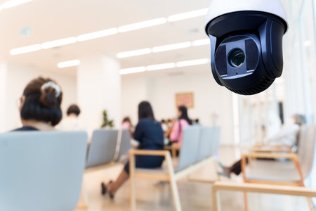 Security CCTV camera installed in a hospital waiting room for safety and monitoring, with patients...
