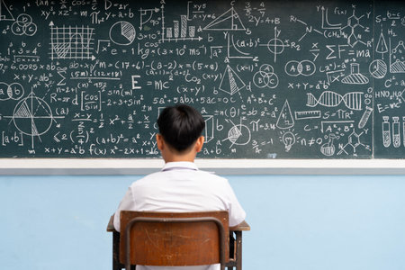 Asian male student in school uniform sitting alone at wooden desk, facing classroom blackboard...