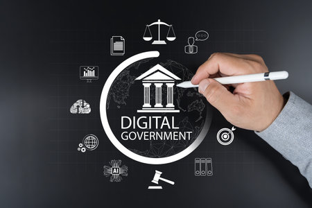 Visual concept of digital government. Includes icons for artificial intelligence, cloud computing, data analytics, legal system, and digital public service transformation.の写真素材