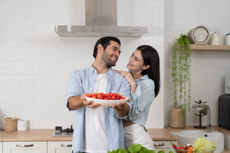 Happy romantic couple standing in modern kitchen holding fresh cherries together, symbolizing love, wellness, organic food, family bonding, healthy lifestyle, bright emotions, and joyful home cooking.の写真素材