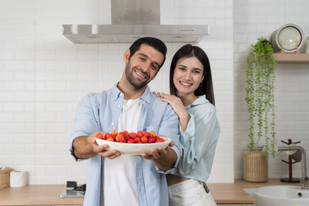 Happy couple in a modern kitchen showing a plate of fresh cherries, representing love, wellness, organic food, and healthy lifestyle, with bright emotions, family bonding, and joyful home cooking.の写真素材