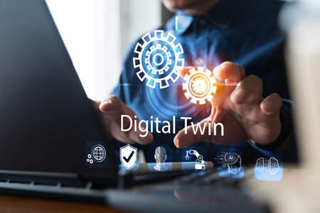 Digital twin technology concept illustrating AI, data analytics, IoT integration, and smart industry innovation for advanced manufacturing, predictive, and real-time operational optimization solutionsの写真素材