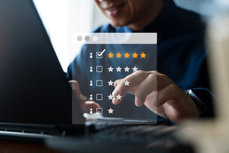 Online review rating system concept showing customer feedback, five star satisfaction ranking, digital survey evaluation, reputation and user experience improvement for business and service quality.の写真素材