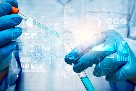 Close up scientist hand using pipette to drop liquid into test tube in medical laboratory, futuristic interface with digital data icons representing biotechnology, chemistry, research and innovation.の写真素材