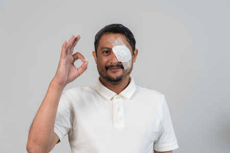 Portrait of man wearing medical eye patch after surgery showing okay hand sign, concept of...