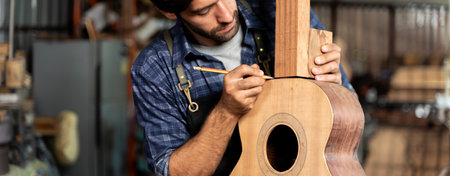 Close up of skilled carpenter marking wooden guitar body with pencil in workshop, wearing apron and casual shirt, showing focus, precision, craftsmanship, and handmade musical instrument making.の写真素材