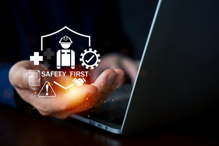 Digital illustration of safety first concept with worker protection, compliance icons, and workplace safety standards. Representing health, prevention, and secure industrial environment management.の写真素材