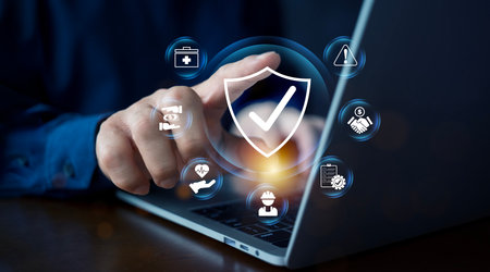 Concept of cybersecurity protection with shield icon and compliance elements. Illustrating data...