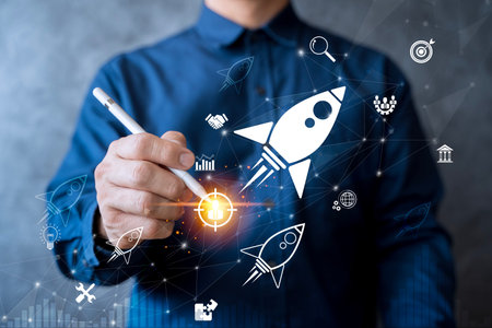 Creative concept of startup innovation and digital business growth, showing rocket launch with technology icons, symbolizing entrepreneurship, innovation, development, success in business strategy.の写真素材