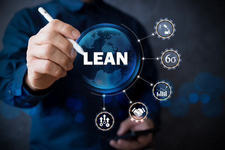 Concept of lean management and six sigma methodology for business process improvement, showing digital interface with efficiency icons, productivity, teamwork, and performance optimization in industryの写真素材