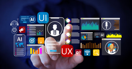 Futuristic concept of artificial intelligence UI UX design showing hand touching virtual dashboard...