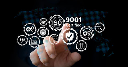 ISO 9001 certification concept showing hand touching virtual interface with gear icons representing quality management, business process control, customer satisfaction, and continuous improvement.の写真素材