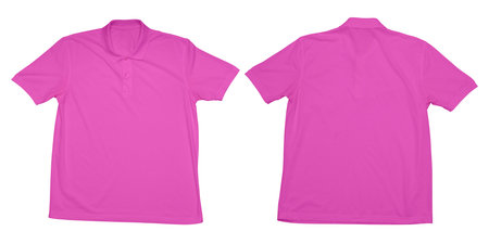 Pink short sleeve polo shirt showing front and back view on white background, perfect for clothing mockup, fashion branding, textile design, uniform presentation for commercial use. Clipping path.の写真素材