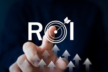ROI concept with businessman touching virtual target and arrow symbol representing return on investment, profit growth, marketing strategy, business performance analysis, and financial success.の写真素材