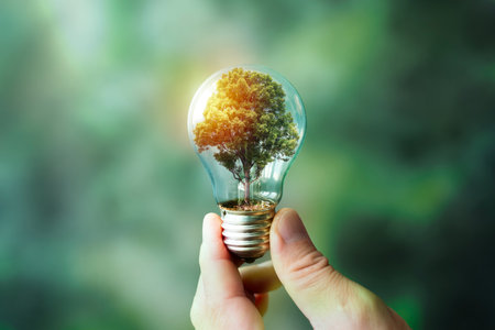 Eco energy concept showing green tree growing inside light bulb representing sustainability, renewable resources, clean power, environmental protection, and innovation for green future technology.の写真素材
