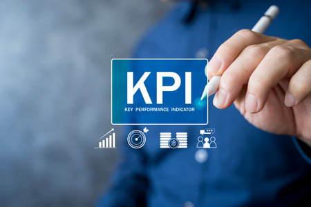 KPI concept showing key performance indicator with business icons for data analytics, corporate management, planning, financial growth, and strategic measurement to evaluate organization success.の写真素材