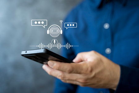 AI voice assistant concept showing chatbot and speech recognition technology on smartphone for communication, customer service, digital support, and artificial intelligence innovation concept.の写真素材