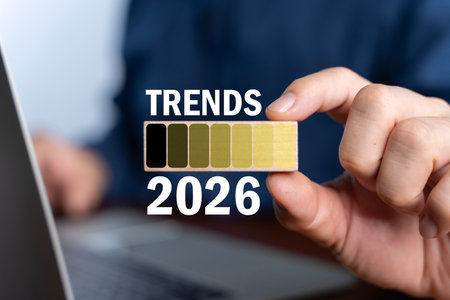 A hand holding a color palette block with the text trends 2026, symbolizing future design direction, creative inspiration, market forecasting, modern style development, and upcoming visual trends.の写真素材