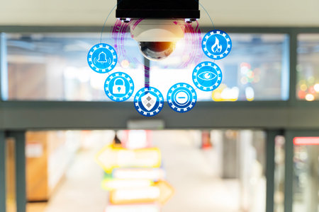 Security camera with digital interface icons showing surveillance, monitoring, alerts, and protection inside a modern building, representing smart technology, safety systems, and business security.の写真素材
