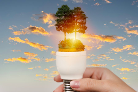 Green energy and sustainability concept with light bulb holding a growing tree in human hand, symbolizing renewable power, clean electricity, environmental responsibility, future innovation and natureの写真素材