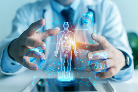 Physician interacts with futuristic holographic human body interface showing organs, DNA and data charts, representing AI diagnostics, precision medicine, telehealth, and smart healthcare technology.の写真素材