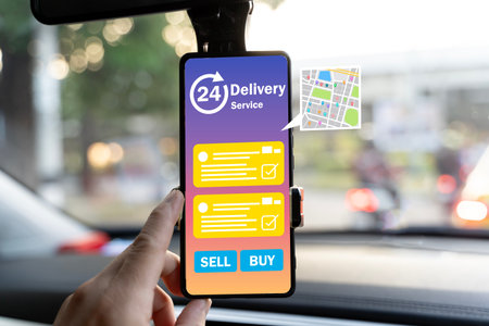 Close-up of a smartphone mounted in a car displaying a 24-hour delivery service app with map, order...